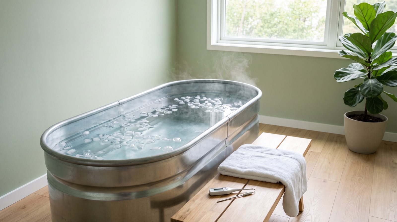 A clinical cold plunge tub filled with iced water, with a thermometer and towel on a bench beside it