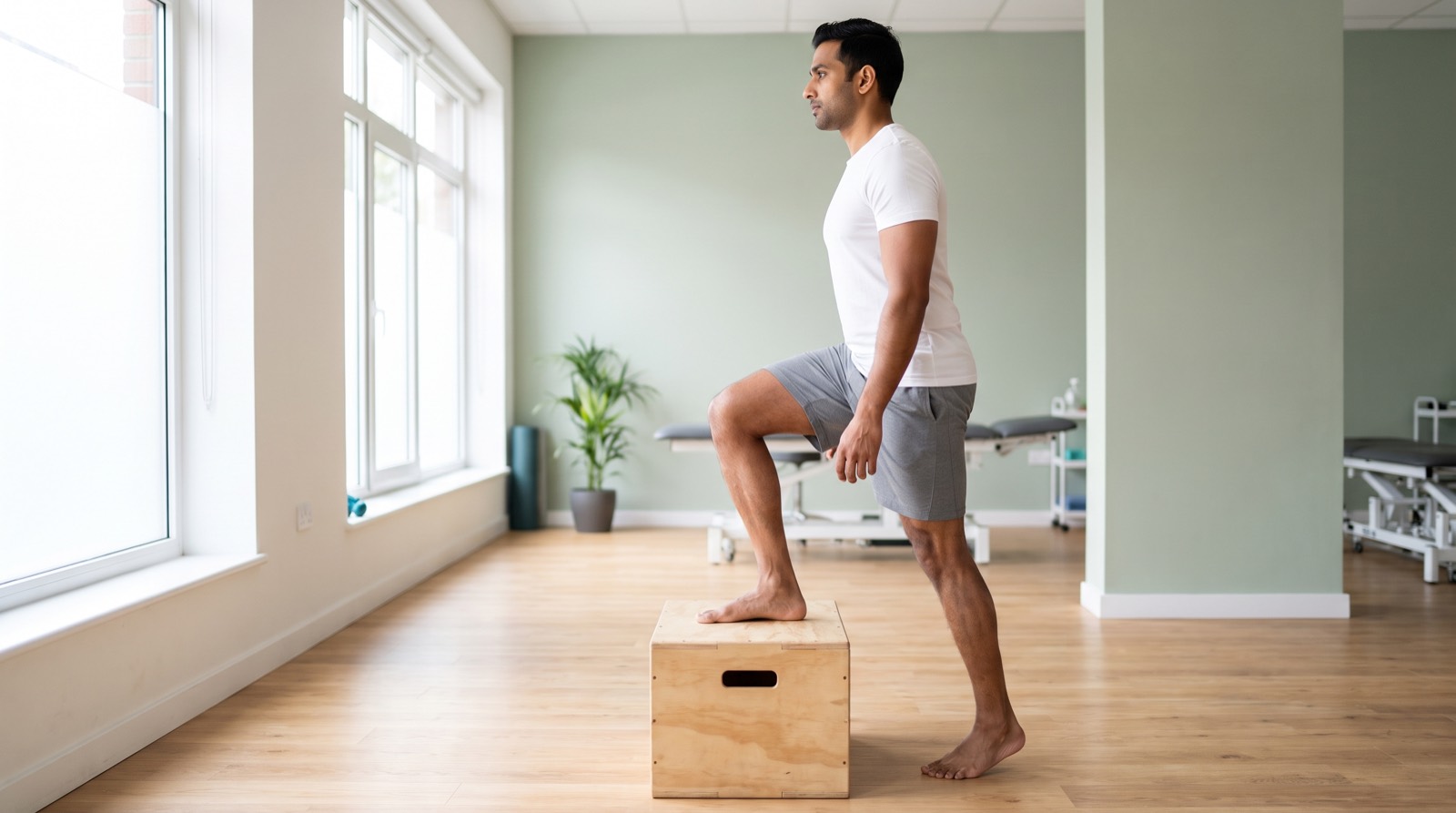 Side view of a man performing a step-up onto a low box, knee tracking forward over the middle of the foot