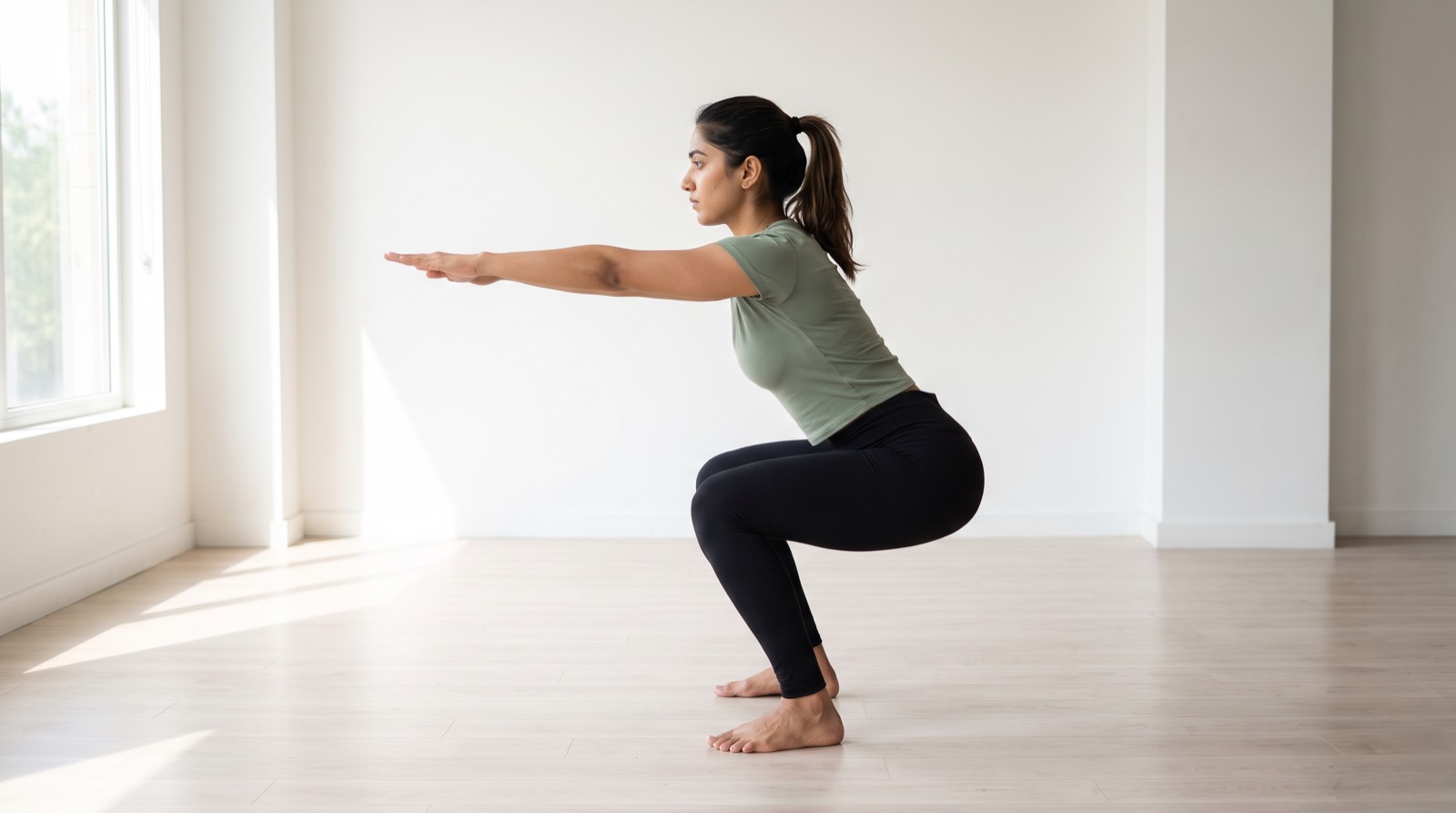 Side view of a woman at the bottom of a bodyweight squat with heels flat, shins angled forward and chest upright