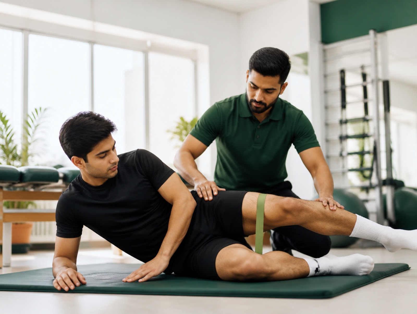 SattvaRig physiotherapist guiding an athlete through a banded knee exercise